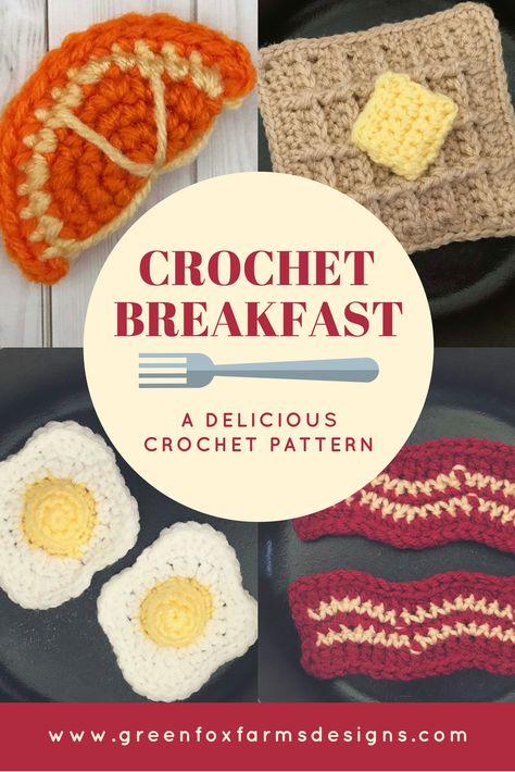 Crochet Breakfast Pattern - Crochet Food Pattern - Play Food - Amigurumi Breakfast - Amigurumi Food Pattern - Bacon - Eggs - Waffles - www.greenfoxfarmsdesigns.com Gudetama Crochet, Silly Crochet, Crochet Breakfast, Crochet Eggs, Food Amigurumi, Bacon Waffles, Food Crochet, Amigurumi Food, Stitches Pattern