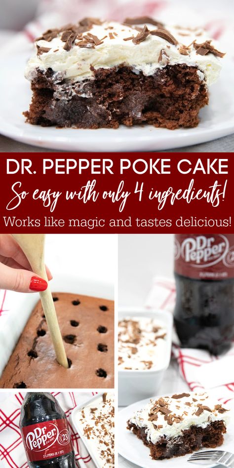 Dr pepper poke cake is a delicious poke cake recipe. Give this chocolate cake with a creamy whipped cream topping on top of the cake. #passion4savings #drpepper #dessert #pokecake #4ingredients #easy #simple #recipe Devils Food Poke Cakes, Devils Food Cake Poke Cake, Dr Pepper Recipes Desserts, Diet Dr Pepper Cake, Dr Pepper Dump Cake, Dr Pepper Pie, White Cake Mix Poke Cake Recipes, Easy Sweet Desserts Simple, Dr Pepper Poke Cake