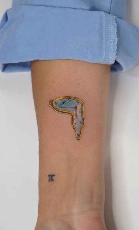 Dali’s Melting Clock Tattoo Tattoo Ideas Surrealism, Clock Tattoo Aesthetic, Interstate Tattoo Ideas, Dali Watch Tattoo, Now Tattoo Clock, Small Artistic Tattoos, Tattoos Inspired By Art, Salvador Dali Clock Tattoo, Tattoo About Art