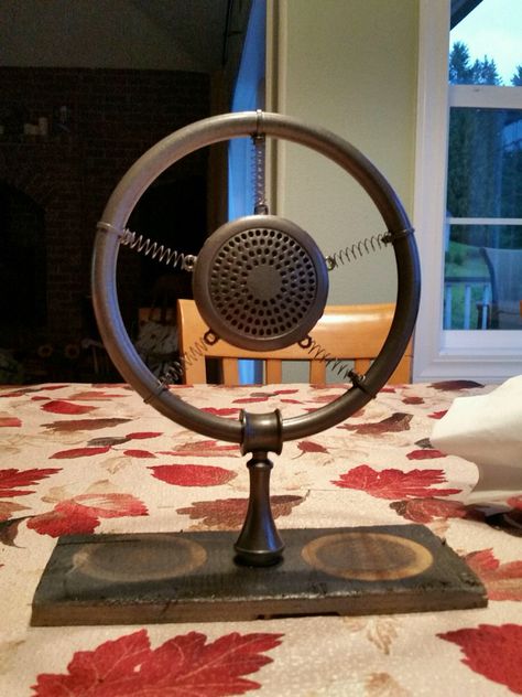 Antique microphone built by Greg from towel ring, springs, zip ties, and shower heads Newsies Props, Annie Props, Newsies Jr, Microphone Prop, Theater Props, Tech Theatre, Annie Costume, Annie Jr, Annie Musical