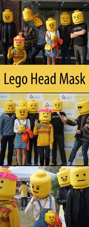 These masks use a cardboard frame wrapped in yellow papers, and they also have translucent eye-holes, so you don't have to worry about bumping into things. They are very light but also very sturdy and impact resistant - perfect for a party! Lego Costume Diy, Lego Man Costumes, Lego Halloween Costumes, Halloween Lego, Cardboard Costume, Lego Costume, Dekorasi Halloween, Lego Halloween, Lego Head