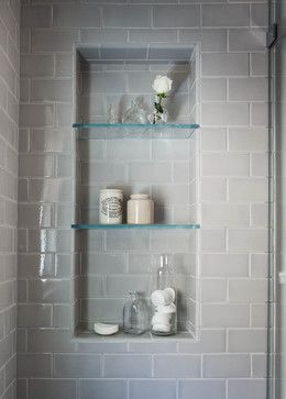 Beautiful serene bathroom! Are the glass shelves in the shower niche - Houzz Wc Decoration, Bathroom Niche, Serene Bathroom, زجاج ملون, Bad Inspiration, Shower Niche, Upstairs Bathrooms, Shower Shelves, Bathroom Redo