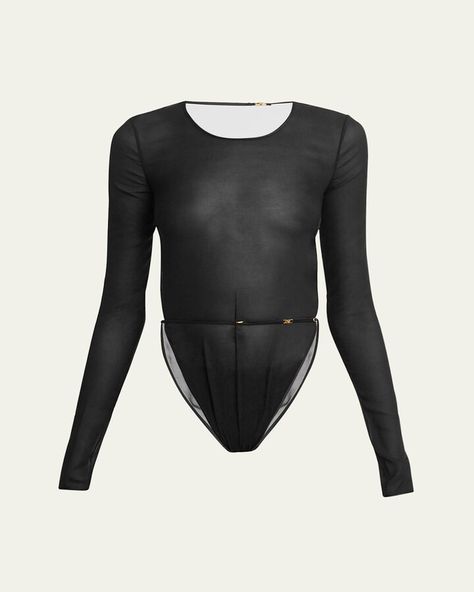 Long-Sleeve Backless Bodysuit Ysl Fashion, Backless Bodysuit, Sheer Bodysuit, Saint Laurent Bag, Bergdorf Goodman, High Neckline, Top Designers, Open Back, Yves Saint Laurent