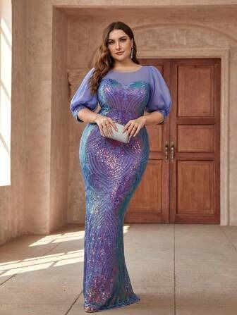 Free Returns ✓ Free Shipping✓. SHEIN Belle Plus Size Colorful Purple Quiet Luxury Palace Pattern Beaded Sequin Detail Stitching Organza Short-Sleeved Mermaid Elegant Formal Dress Evening Dress- Women Plus Formal & Evening Dresses at SHEIN. Plus Prom Dresses, Elegant Formal Dress, Luxury Palace, Dresses Formal Elegant, Organza Dress, Women's Evening Dresses, Quiet Luxury, Dress Evening, Evening Party Dress