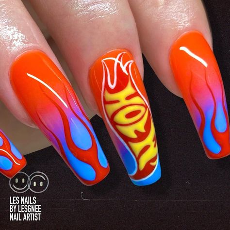 Nails Acrylic Flame, Almond Flame Nails, Coffin Flame Nails, Flame Nails Men, Flame Nails Tutorial, Short Flame Nails, Hot Wheels Nails, Gel Nail Ideas, Flame Nails