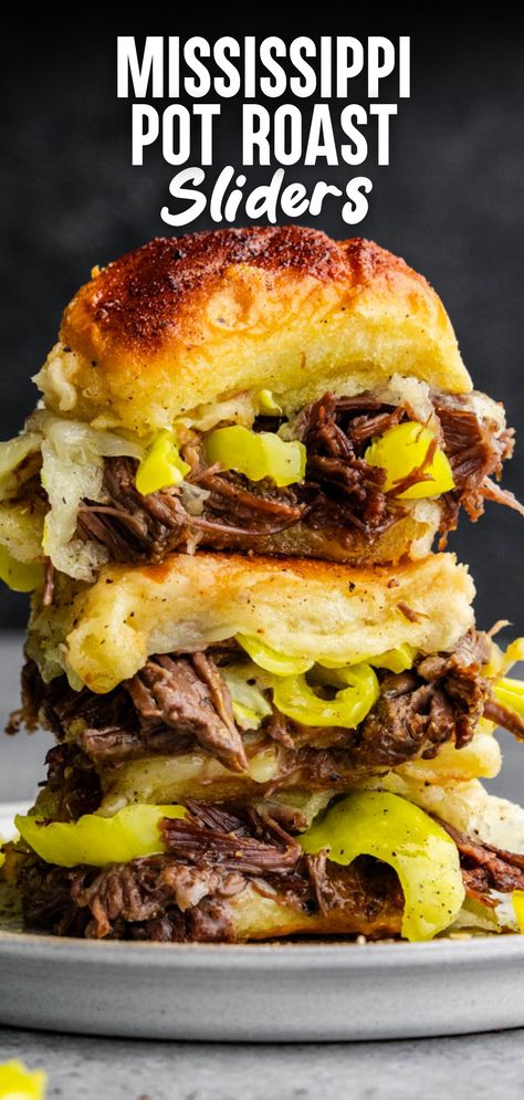 A stack of 2 Mississippi pot roast sliders on a white plate. Roast Sliders, Mississippi Recipes, Pot Roast Sliders, Recipes Corn, Leftover Pot Roast, The Stay At Home Chef, Mississippi Pot, Corn Beef, Mississippi Roast