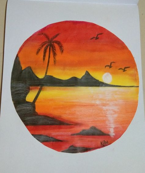 Natural Seen Drawing With Colour, Sunset Color Pencil Drawing, Nature Drawing Colourful, Easy Colourful Drawing, Painting With Pencil Colour, Sunset Drawing Oil Pastel, Sunset Pastel Drawing, Pastel Colour Drawing, Sunset Line Art