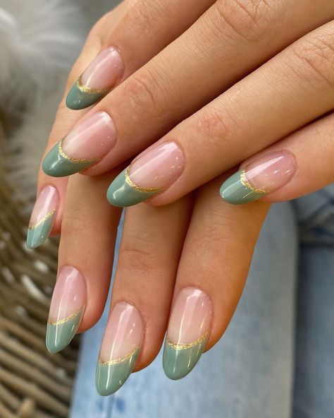 Steph - Nail Artist on Instagram: “Sage green x gold tips Service: apres x and nail art” Emerald Nails, Dark Green Nails, Green Acrylic Nails, Green Nail Art, Gold Nail Designs, Green Nail Designs, Nagel Tips, French Tip Acrylic Nails, French Nail Designs