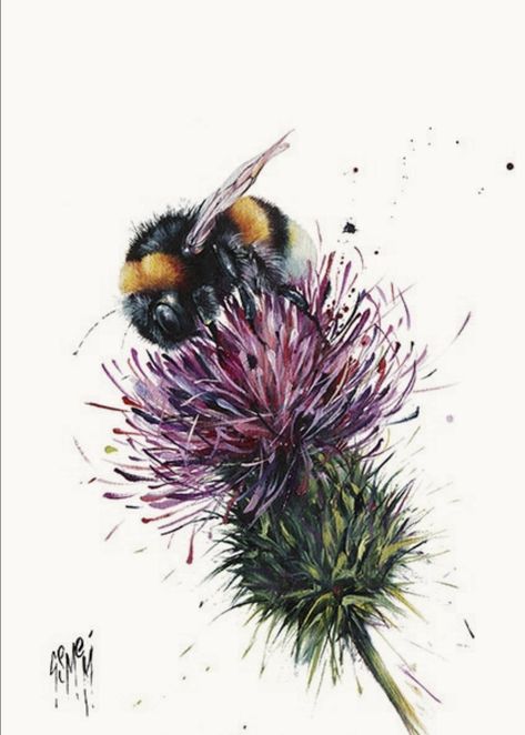 Thistle Tattoo, Highland Fling, Thistles Art, Bumble Bee Art, Art Coquillage, Bee Painting, Thistle Flower, Bee Tattoo, 1 Tattoo