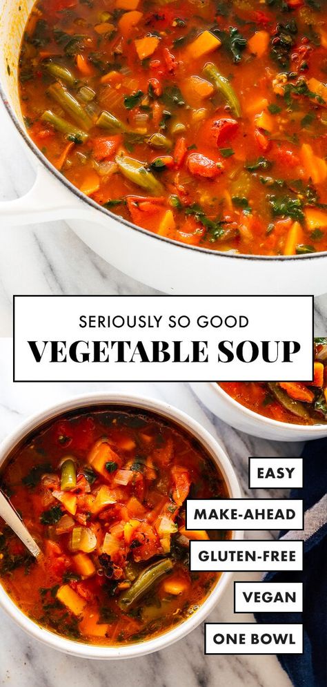 This vegetable soup recipe is seriously so good! It's easy to make, and full of veggies and fresh flavor. If you're feeing under the weather or just wanting to lighten up your meals, this soup is the answer! #vegetablesoup #souprecipe #vegetarian #vegan #soup #cookieandkate Organic Vegetable Soup, Spicy Vegetable Soup Recipes, Vegtebales Soup, Ten Vegetable Soup, Good Vegetable Soup, Best Vegetable Soup, Cookie And Kate, Vegetable Soup Recipe, Vegetable Soup Recipes