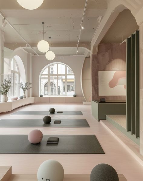 Discover tranquility and style in these serene yoga studio designs 🌸✨ Each space is crafted with soft tones and minimalist decor, creating the perfect environment for relaxation and inner peace. 🧘‍♀️🌿 All by me. #interiordesign #yogastudio #PastelAesthetics #serenespaces #zenvibes #yogainspiration #midjourneydesign Fitness Boutique Interior Design, Barre Studio Design Ideas, Barre Studio Design, Colorful Moodboard, Pilates Studio Design Interiors, Pilates Design, Pilates Yoga Studio, Home Pilates Studio, Yoga Studio Interior