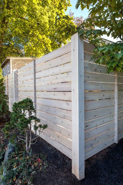 Contemporary Fence – Portsmouth | New England Cedar Fence Yard Fence Landscaping, White Wash Fence, Lakehouse Fence Ideas, Lake House Fence Ideas, White Horizontal Fence, Front Fence Design, Fence Design Wood, Fence Design Philippines, Moss Yard