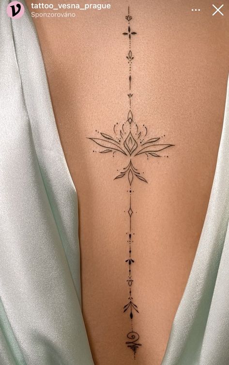 Minimalistic Back Tattoo Women, Girl Back Tattoos Spine, Feminine Spine Tattoos For Women, Back Women Tattoo, Spine Back Tattoos For Women, Christian Spine Tattoo, Vertical Tattoo Ideas, Lotus Flower Spine Tattoo, Ribcage Tattoos For Women