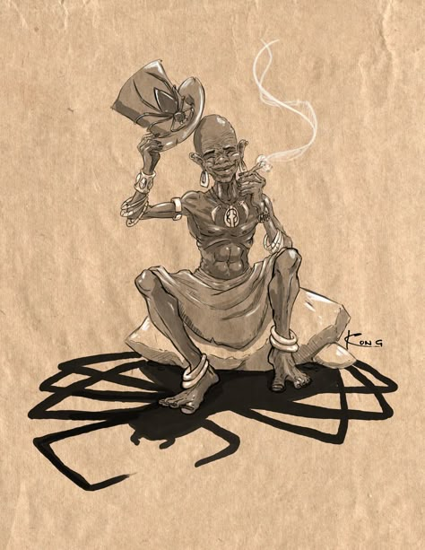 Anansi African Mythology Art, Trinidadian Tattoos, Anansi Tattoo, Anansi The Spider Tattoo, African Folklore, African Mythology Creatures, African Folklore Art, Caribbean Folklore Characters, Jamaican Folklore