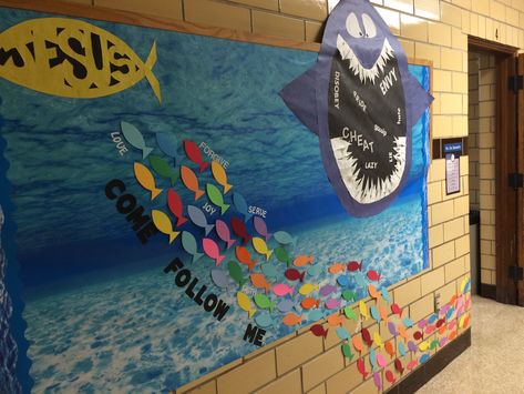 Fish Bulletin Board Ideas, Fish Bulletin Boards, Jesus Bulletin Boards, Peter Walks On Water, Scuba Vbs, Jesus Decor, Christian Bulletin Boards, Sunday School Rooms, Winter Bulletin