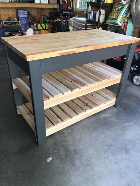 Butcher block kitchen island built by Jeff Shipp with Sherwin Williams satin paint in Iron Ore #butcherblockisland #SherwinWilliamsIronOre Rustic Kitchen Island Ideas, Butcher Block Kitchen Island, Portable Kitchen Island, Butcher Block Kitchen, Rustic Kitchen Island, Wood Kitchen Island, Kitchen Island With Seating, Diy Kitchen Island, Kitchen Tables