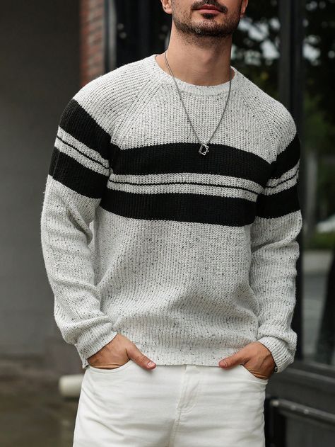 Men Striped Pattern Raglan Sleeve Sweater For Dailywear Multicolor Casual  Long Sleeve Knitwear Colorblock,Striped Pullovers Slight Stretch  Men Clothing, size features are:Bust: ,Length: ,Sleeve Length: Mens Striped Sweater, Striped Sweater Outfit, Raglan Sleeve Sweater, Embroidery Sweater, Men Stylish Dress, Knitwear Men, Sweater Pullover, Striped Sweater, Men Clothing