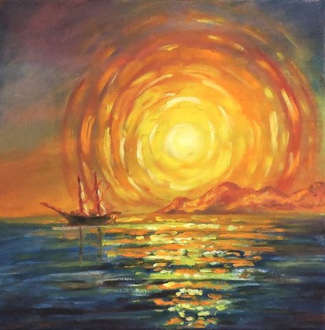 Sun rise at the sea Sun And Sea Aesthetic, Sun Painting Abstract, Sunset At Sea Painting, Art Oil Paintings Aesthetic, Painting Ideas Sunset Easy, Sun Core Aesthetic, Sun Art Aesthetic, Rising Sun Painting, Sun Art Painting