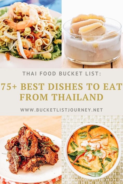 From street food to noodles to dessert, this list names popular Thai dishes that are the best foods from Thailand cuisine. Popular Thai Dishes, Street Food Thailand, Food Bucket List, Street Food Design, Thai Street Food Recipes, Street Food Market, Asian Street Food, Thailand Food, Thai Street Food