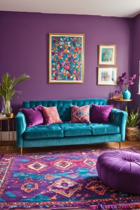 Jewel Color Palette, Plum Living Room, Purple Living Room Ideas, Purple Interior Design, Silver Sofa, Purple Living Room, Teal Living Rooms, Apartment Deco, Purple Sofa