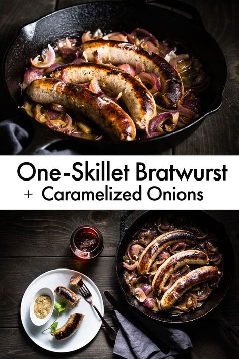 One-Skillet Bratwurst + Caramelized Onions. This is the best, simplest and most delicious way to cook bratwurst sausage. It takes just one-skillet and 20 minutes. Fabulous for a weeknight meal or a party. #bratwurst #sausage #recipe #oneskillet #easyrecipe #saltpepperskillet Bratwurst Recipes, Caramelized Onions Recipe, Bratwurst Sausage, Lean Meat Recipes, Italian Meat Recipes, Slow Cooker Meat Recipes, Turkey Meat Recipes, Holiday Meat Recipes, Baked Meat Recipes