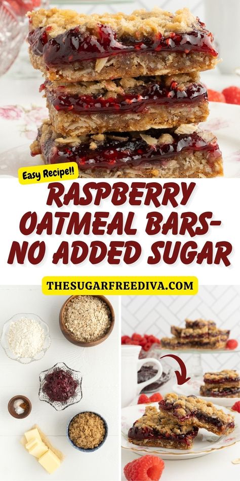 Raspberry Oatmeal Bars- A simple and delicious dessert bar recipe made with oats and raspberry preserves with no added sugar!  #oats #oatmeal #oatmealbars #raspberry #noaddedsugar #oatbars #dessertbars #diabeticdessert #diabeticrecipe #sugarfreedessert Read more at: https://thesugarfreediva.com/raspberry-oatmeal-bars-no-added-sugar/ No Added Sugar Desserts, Diabete Recipes For Dessert, Healthy Oatmeal Bars, Raspberry Oatmeal Bars, Sugar Free Cookie Recipes, Oatmeal Bars Healthy, No Sugar Desserts, Raspberry Oatmeal, Low Sugar Desserts