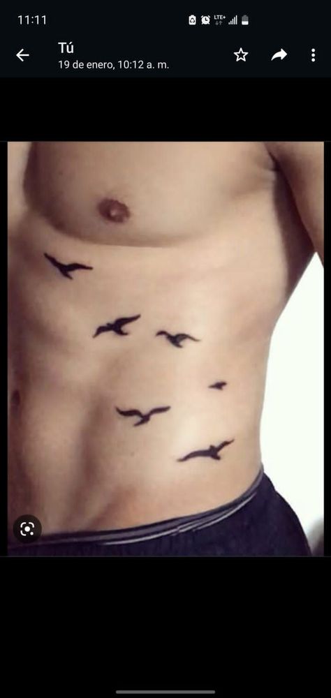 Birds Flying Tattoo Ribs, Side Body Tattoos Ribs Men, Birds On Ribs Tattoo, Ab Tattoo Men, Small Bird Tattoo Men, Waist Tattoos Men, Crow Tattoo For Men, Chest Tattoo Birds, Male Shoulder Tattoos