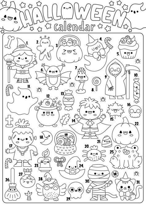 Vector black and white Halloween advent calendar with traditional holiday symbols. Cute autumn all saints day planner for kids. Scary trick or treat coloring poster with kawaii witch, pumpkin Halloween Infographic, Kawaii Witch, Halloween Advent Calendar, Planner For Kids, Black And White Halloween, Holiday Symbols, Witch Pumpkin, Kids Planner, White Halloween