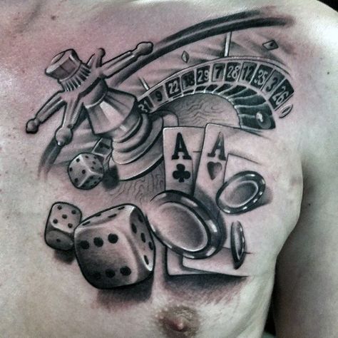 75 Dice Tattoos For Men - The Gambler's Paradise Of Life Poker Chips Tattoo, Roulette Tattoo, Upper Arm Tattoos For Guys, Chip Tattoo, Poker Tattoo, Playing Card Tattoos, Omerta Tattoo, Roulette Wheel, Theme Tattoo