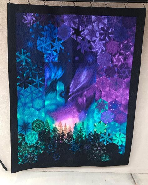 Carrie Hanks | Quilt made for my husband for Christmas. He wants to go see the northern lights, so this will have to do until we can go. Made with 7… | Instagram Aurora Borealis Quilt, Northern Lights Quilt Pattern, Northern Lights Quilt, Northern Lights Quilts, Storm At Sea Quilt, Camping Quilt, One Block Wonder, Stained Glass Quilt, Light Quilt