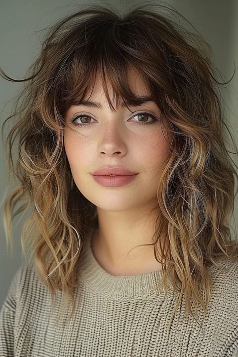 Must-Try Shag Haircuts and Hairstyles in 2024 Choppy Hair With Fringe, Balayage Shag Hair Long, Summer Shag Haircut, Subtle Shag Haircut Medium, Whimsical Bangs, Wavy Shag Haircut Medium, Wavy Shag With Bangs, Fringe Ideas, Voluminous Blowout