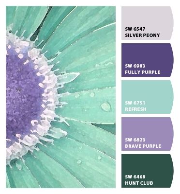 Lilac Turquoise Color Palette, Purple Summer Color Palette, Lavender And Mint Color Palette, Mint And Purple Color Palette, Craft Room Paint Ideas Color Schemes, Color Schemes With Purple, Colorful Cottage Exterior, Color Palettes With Purple, Colors That Go With Lavender