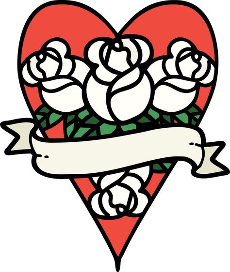 traditional tattoo of a heart and banner with flowers Heart And Banner Tattoo, Traditional Tattoo Ribbon, Banner Tattoo, Traditional Heart Tattoos, Traditional Heart, Cowgirl Art, Ribbon Banner, Heart Rose, Vintage Cowgirl