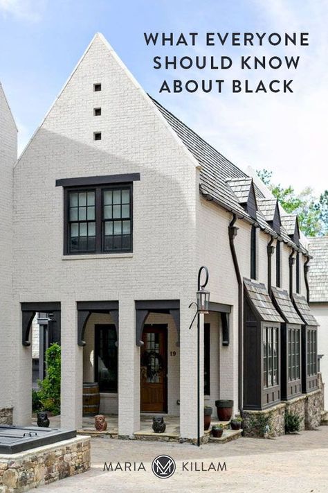 On more traditional exteriors, black accents can make a modern statement. Most often, we’re seeing black windows and accents on white houses. White Brick House, Farmhouse Exterior Design, Exterior Design Ideas, Pintura Exterior, Traditional Exterior, Modern Farmhouse Exterior, Black Windows, Exterior Stone, Black House Exterior