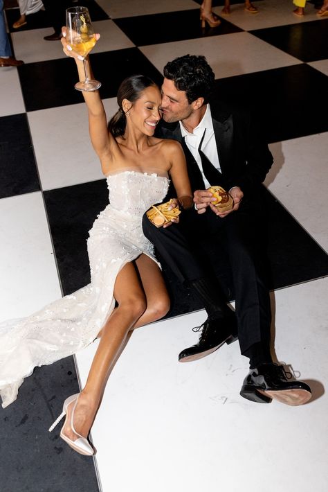 Joe Amabile and Serena Pitt after-partying on their black-and-white checkered dance floor with white wine and late-night bites. Cheers to the new Mr. and Mrs. on their dreamy Charleston wedding day. #charlestonweddinginspo #charlestonwedding #modernwedding #southernwedding #romanticwedding #southernglam #lowcountryluxury #afterparty #weddingfestivities #justmarried #newlyweds Serena Pitt, Wedding Ideas 2024, Friends Dancing, Annapolis Wedding, Unique Themes, Louisiana Wedding, Dance Floor Wedding, January Wedding, Wedding After Party