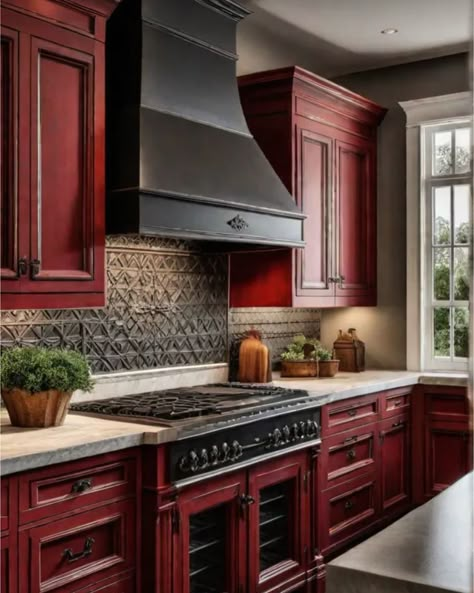 Kitchen With Red Cabinets, Burgundy Kitchen Decor, Red Kitchen Cabinets Rustic, Dark Red Kitchen Cabinets, Red Cabinets Kitchen, Red And Gold Kitchen, Red Rustic Kitchen, Dark Red Kitchen, Red Farmhouse Kitchen