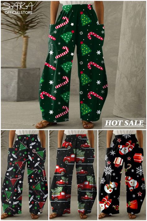 Buy 3 Get 4th 50% OFF!Code：S50.Buy 5 Get 6th Free!Code:Free. Christmas Pants, Christmas Wine Glasses, Christmas Leggings, Cute Pants, Christmas Parties, Holiday Looks, Loose Pants, Vintage Casual, Green Print