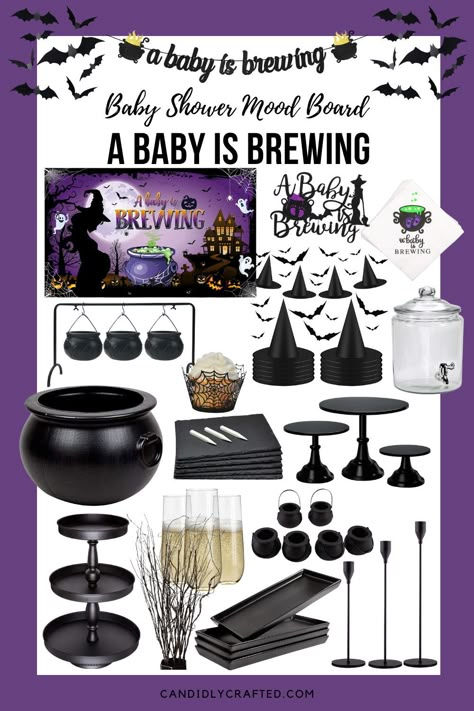 Mood board showing decoration items for A Baby is Brewing themed baby shower. Items shown include bats, witch hats, large and mini cauldrons, spiderweb cupcake wrappers, stemless flutes, black dessert stands, tiered tray, serving trays, branches and candle holders and a witch themed backdrop, cake topper and napkins. Gender Reveal Witches Brew, Witch Theme Gender Reveal, Halloween Shower Food, Gender Reveal Themes Halloween, Halloween Gender Reveal Party Food, Spooky Baby Shower Food, Gender Reveal Spooky, Gothic Gender Reveal Ideas, Adams Family Gender Reveal