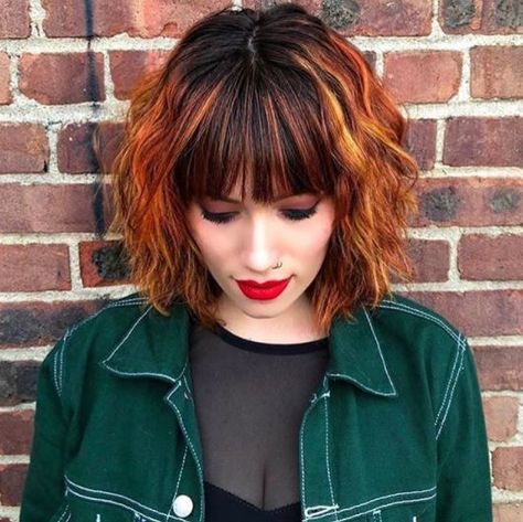 Short Hair With Copper Highlights, Copper Balayage Bob, Copper Bob With Bangs, Light To Dark Hair, Copper Hair Highlights, Highlights For Fall, Pinned Hair, Brown Hair Colours, Copper Hair With Highlights