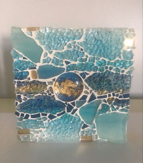 Crash Glass Mosaic, Tempered Glass Mosaic, Broken Glass Mosaic, Stick Fence, Mosaic Waves, Mosaic Tiles Crafts, Sea Glass Mosaic, Mosaic Rocks, Mixed Media Mosaic