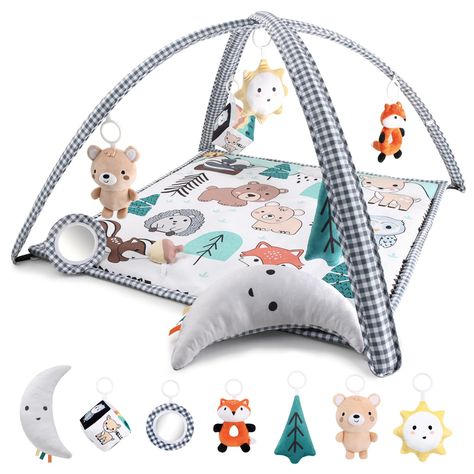 PRICES MAY VARY. Versatile 7-in-1 Activity Center: Engages baby with sounds, shapes, and textures featuring Montessori-inspired woodland animal artwork Developmental Stages Support: Promotes motor skills, sensory and cognitive development through a mirror, toys, rattle, crinkle, bell, fidget ribbons, and tummy time pillow. Suitable for various baby stages from tummy time to sitting up. Easy Assembly: Conveniently portable and foldable design, no tools required. Install and disassemble the 33 1/2 Tummy Time Pillow, Baby Activity Gym, Tummy Time Activities, Tummy Time Mat, Baby Play Gym, Baby Activity Center, Baby Stage, Activity Center, Baby Mat