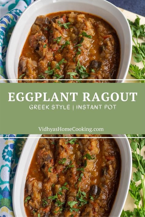 Eggplant Ragout Recipe, Stewed Eggplant Recipes, Instant Pot Eggplant Recipes, Instant Pot Mediterranean Recipes, Instant Pot Eggplant, Instant Pot Vegan Recipes, Vegetarian Instant Pot Recipes, Vegan Stews, Mediterranean Eggplant