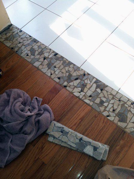 Mosaic Tile Entryway Floors, Thresholds Between Rooms, Threshold Ideas, Tile To Wood Transition, Tile Transition, Floor Transition, Transition Flooring, Entryway Tile, Transition Strips