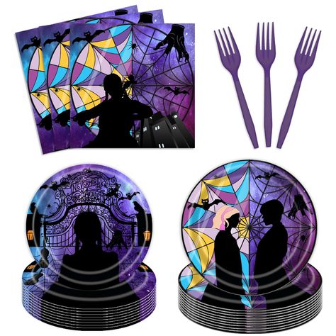 PRICES MAY VARY. 【Serve 24 Guests】This wednesday birthday party kit has all you need for 24 guests, includes 24pcs 9'' dinner paper plates, 24pcs 7'' dessert plates, 24pcs paper napkins, 24pcs plastic forks. 【Safe and Premium Material】All our wednesday themed plates and napkins are made of quality paper, not easy to tear and break. The disposable forks are made of quality plastic, non-toxic, no smell, heat-resistant and safe to food. 【Vibrant Color and Pattern】The pattern and color are well-prin Addams Family Favors, Disney Villian Birthday Party, Gothic Backdrop, Spider Web Window, Addams Family Theme Party, Party Plates And Napkins, Wednesday Birthday, Addams Family Theme, Wednesday Party