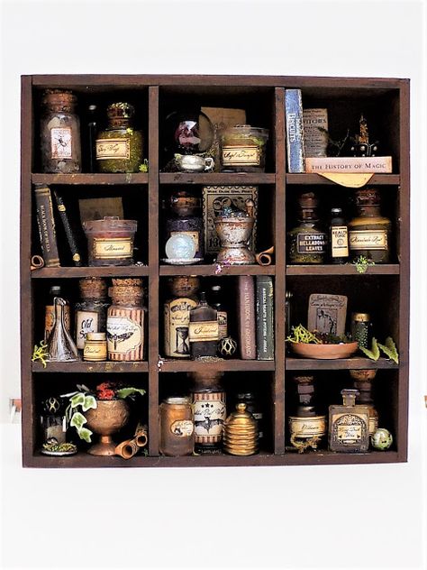 flew the coop: Mini Potions and Herbology Cabinet Witch Potion, Apothecary Cabinet, Essential Oil Storage, Cabinet Of Curiosities, Harry Potter Diy, Potion Bottle, Witch Aesthetic, Mini Things, Holiday Ornament