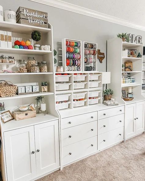 Craft Section In Room, Craft Organization Cabinet, Multi Purpose Craft Room Ideas, Multi Purpose Office And Craft Room, Crafts Room For Adults, White And Gold Craft Room, Craft And Toy Room, Functional Craft Room, Classy Craft Room