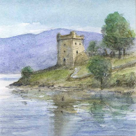 Urquhart Castle Scotland, Castle Landscape Painting, Watercolor Castle Painting, Scotland Watercolor, Scotland Drawing, Painting Moodboard, Scotland Painting, Poetry Illustration, Scottish Tattoo