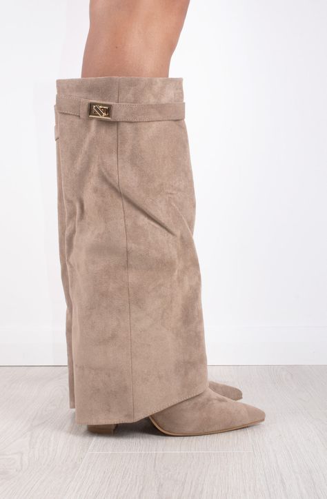 Women's Taupe Faux Suede Fold Over Shark Classic Buckle Knee High Boot – Miss Moda Luxe Where To Buy Boots, Boots Folded Over, Shoe Inspo Boots, Taupe Cowboy Boots, Fold Over Boots Outfit, Hight Boots, Suede Boots Outfit, Shark Boots, Boots Aesthetic