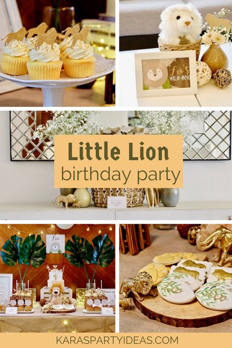 Little Lion Birthday Party via Kara's Party Ideas - KarasPartyIdeas.com Lions Birthday Party Theme, Leo First Birthday, Boho Lion Birthday Party, Lion One Year Old Party, Leo The Lion Birthday Party Ideas, Lion Themed Birthday Party Decorations, Lion Bday Party, 1st Birthday Lion Theme, Wild One Lion First Birthday