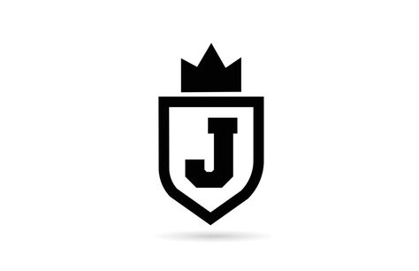 black and white J alphabet letter icon logo with shield and king crown design. Creative template for business and company King Crown Design, Alphabet Letters To Print, J Alphabet, J Letter, Template For Business, Letter Icon, King Crown, Kings Crown, Letter L